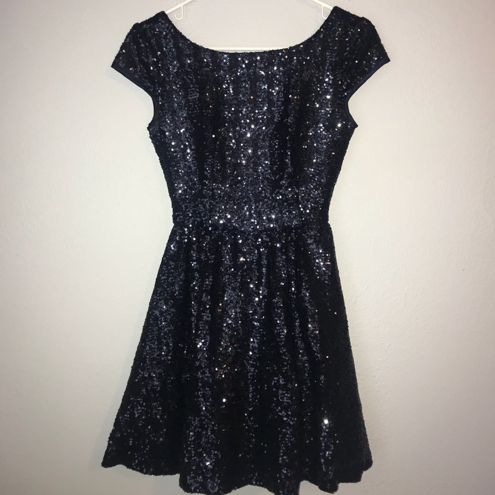 Navy Sequin Deep V-back dress